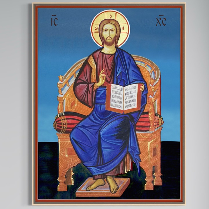 Tablou Canvas Premium, LuxCanva® H1090, Icoana Iisus Hristos Pantocrator pe Tron, 45 X 60 CM, Panza Bumbac 100% 400g/m2, Sasiu, Lemn, Icoana, Mantuitor, Imparat, Invatator, Slava, Evanghelie, Divin, Izbavitor, Pacate, Living, Dormitor