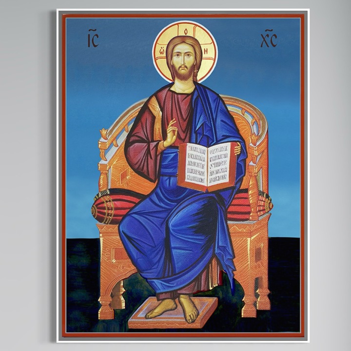 Tablou Canvas Premium, LuxCanva® H1090, Rama Aluminiu Silver, Icoana Iisus Hristos Pantocrator pe Tron, 75 X 100 CM, Panza Bumbac 100% 400g/m2, Sasiu, Lemn, Icoana, Mantuitor, Imparat, Invatator, Slava, Evanghelie, Divin, Izbavitor, Pacate, Living