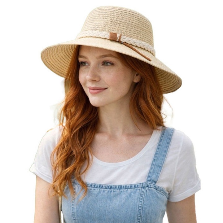 Palarie de dama, bej caramelului impletita din fibra de hartie, cu bor elegant si reglaj 56–57 cm, accesoriu versatil pentru vara – Agrafka unisize