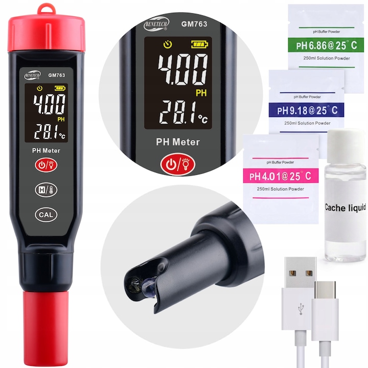 Ph Metru Testator De Apa Sensor Piscina Termometru 2-In-1 Calibrare Automata Lcd