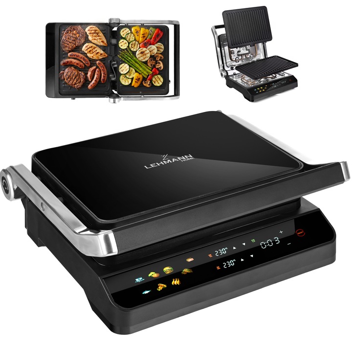 Gratar electric Lehmann Stelio 2000W, 13 programe, Control independent temperatura, Display tactil color, Deschidere 180°, Placi detasabile antiaderente, Timer 1–240 min, 35x16x31cm, Negru-Argintiu