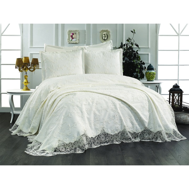 Set de cuvertura pentru pat dublu 240x250 cm Valentini Bianca + 2 Fete Perna 60x80 cm, model Jacquard elegant, Crem, Velur Inci Crem