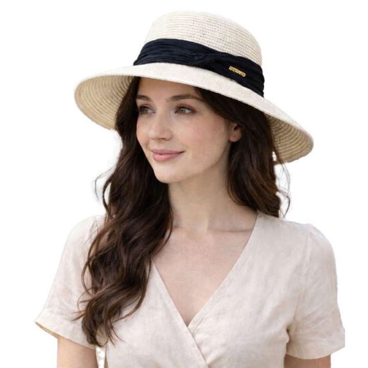 Palarie de dama, bej paie, impletita din fibra de hartie, cu banda decorativa si reglaj 56–57 cm, model clasic pentru vara, plaja si oras – Agrafka unisize