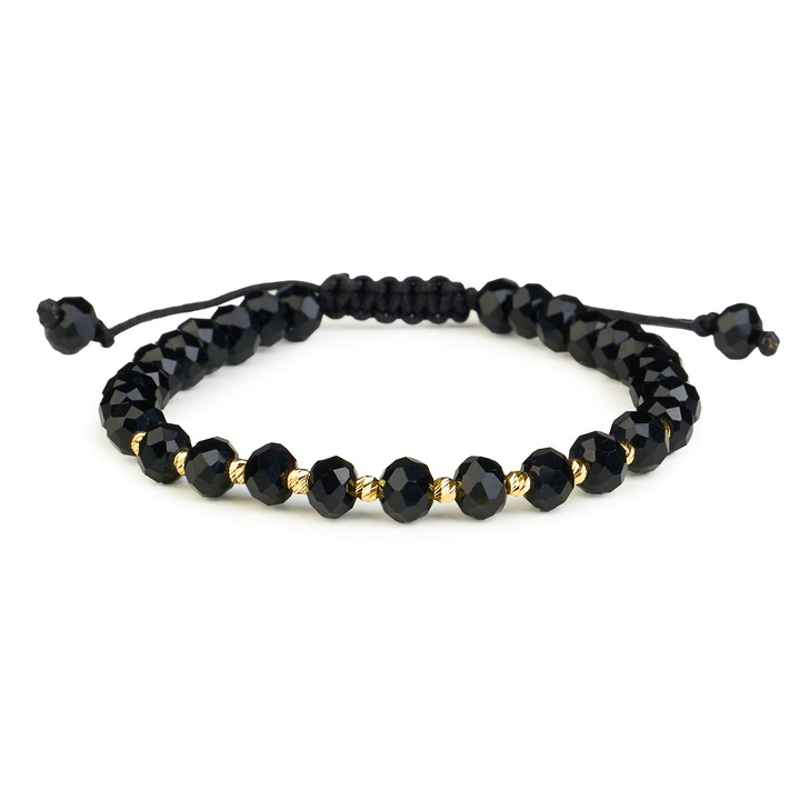 Bratara femei, One Gold, cu 10 bile Aur 14K, cristale negre, ajustabila