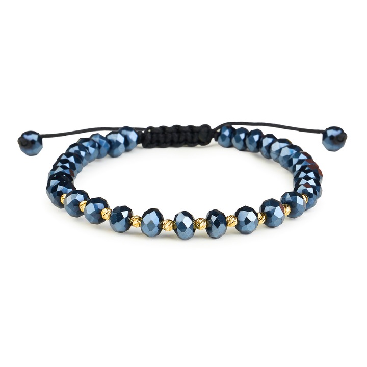 Bratara Aur 14 K, 10 bile, cristale albastre, ajustabila