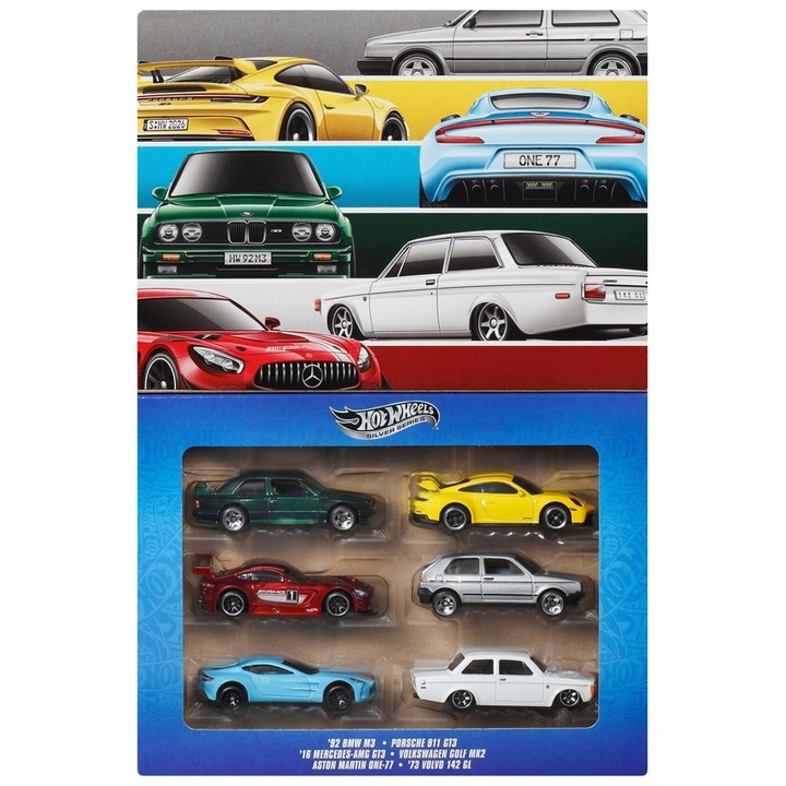 Hot Wheels gyűjtői autók, ezüst kollekció, fém, 1:64, 6 darabos készlet