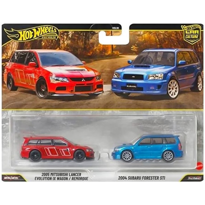 Hot Wheels Premium JHW46 Mitsubishi Lancer Evolution IX Wagon és Subaru Forester Fém Kisautó Készlet, 1/64, Többszínű