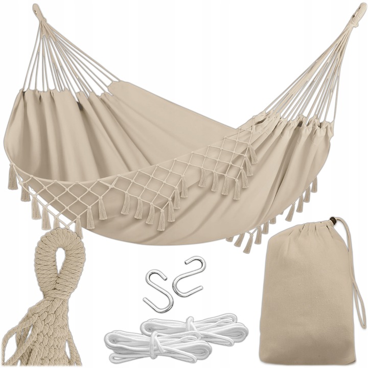 Hamak Boho cu Fredze, Bej, 150x190cm, pentru 1 persoana, cu etui de depozitare