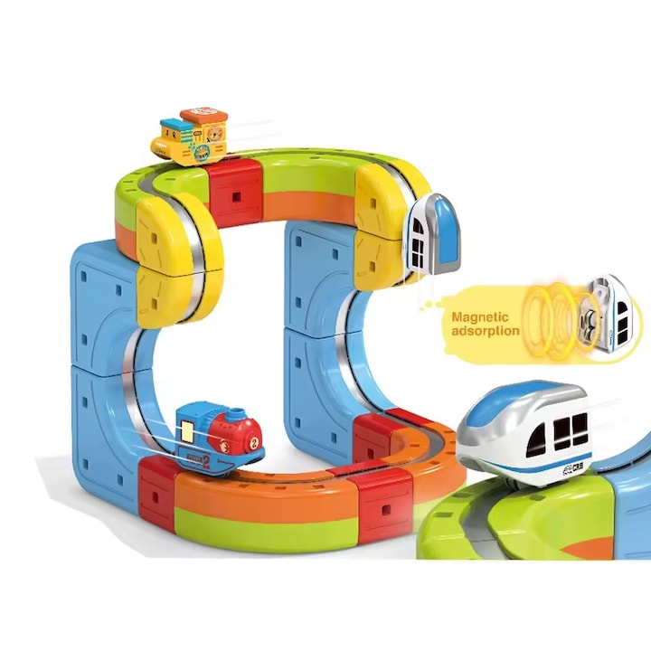 Set Tren cu Traseu Magnetic, Circuit 3D cu Trenulet si Adsorbtie Magnetica, 14 Piese, Set Constructie Tren cu Pante, Bucla, Poduri si Trasee Creative, SARALMA®