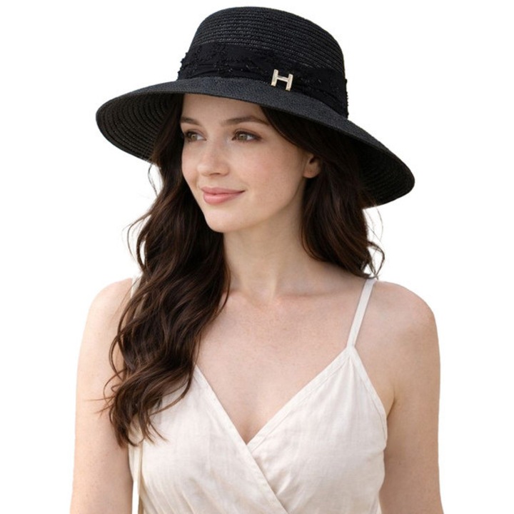 Palarie de dama, negru, impletita din fibra de hartie, cu banda decorativa si reglaj 56–57 cm, model clasic pentru vara, plaja si oras – Agrafka unisize