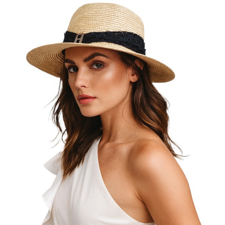 Palarie de dama, Agrafka, bej caramel, impletita fibra de hartie, cu panglica decorativa, 56-57 cm