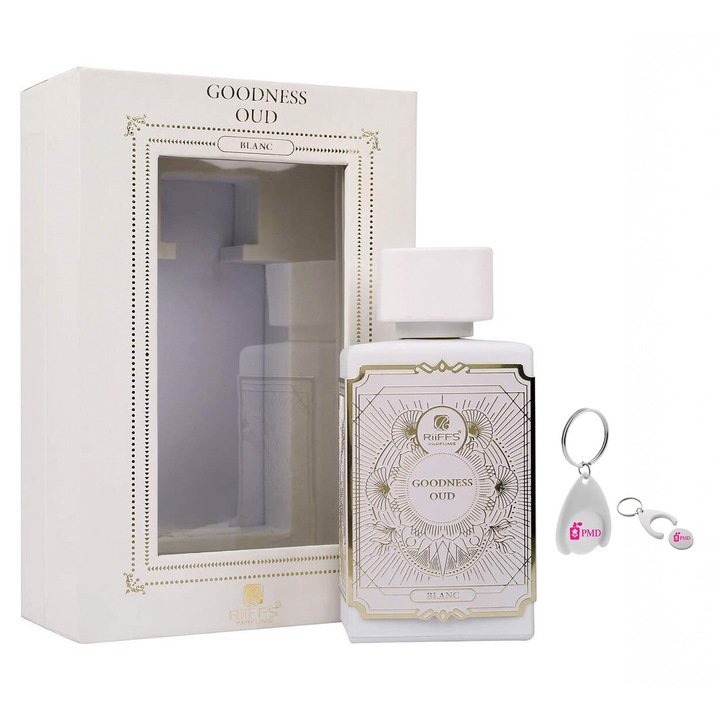 Eau de Parfum szett, Goodness Oud Blanc, Riiffs, nőknek, 100 ml, „PMD” feliratos személyre szabott kulcstartóval