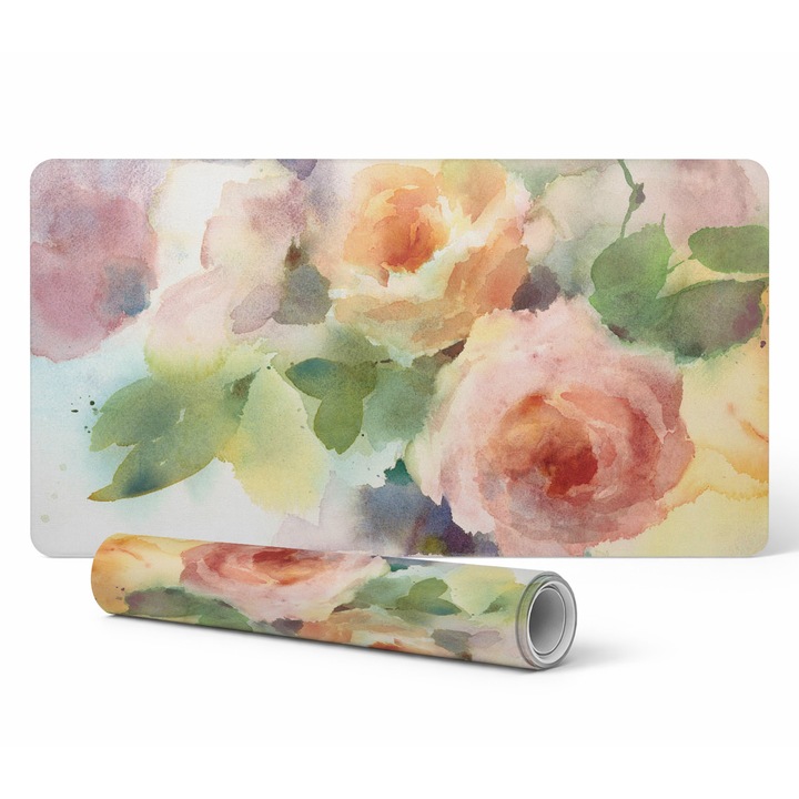 Mapa protectie birou Tulup, model flori pictate, vinil, 100x50cm, 1.6mm, rezistent la decolorare