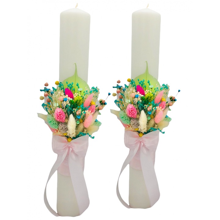 Set 2 lumanari decorative pentru nunta sau botez, Eventissimi, Dried Floral Veil Leaf 40, 40 cm, parafina, mix plante naturale uscate pe frunza voal, aranjament frontal