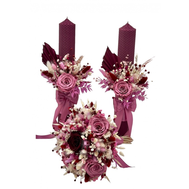 Set nunta cu buchet si 2 lumanari decorative, Eventissimi, Burgundy Crio Rose Palm Floral Set 40, 40 cm, ceara naturala grena, trandafiri criogenati si plante naturale uscate