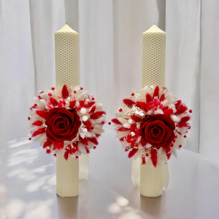 Set 2 lumanari tip fagure pentru nunta, Eventissimi, Ivory Crio Rose Dried Floral Honeycomb 40, 40 cm, ceara naturala ivory, trandafir criogenat si plante naturale uscate, alb rosu