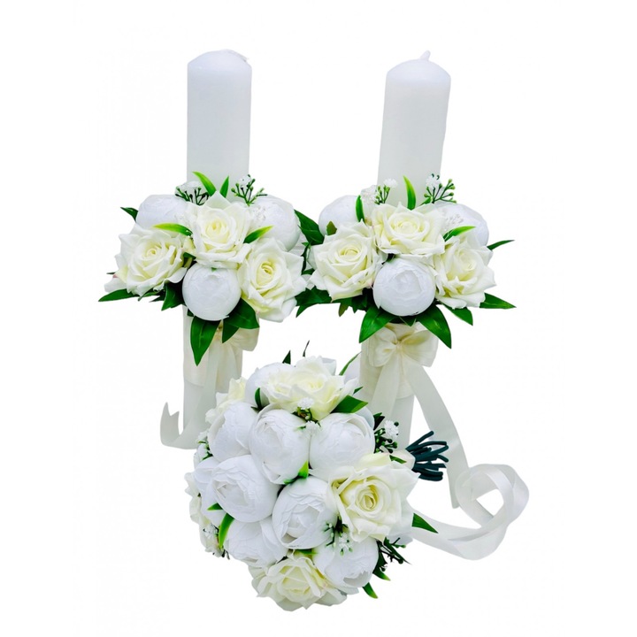 Set buchet si 2 lumanari pentru nunta, Eventissimi, Matase Rose & Peony Floral Set 40, 40 cm, parafina, trandafiri si bujori din matase, alb