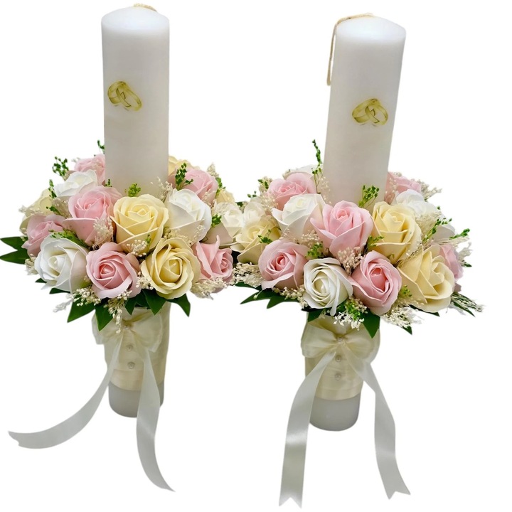 Set 2 lumanari decorative pentru nunta, Eventissimi, Multicolor Soap Floral 40, 40 cm, parafina, trandafiri si floarea miresei din foita parfumata de sapun, aranjament circular