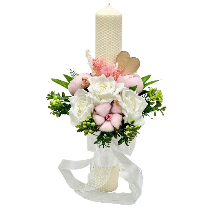 Lumanare tip fagure pentru cununie sau botez, Eventissimi, Floral Silk & Cotton Dried 40, 40 cm, ceara naturala, flori din matase, bumbac si plante naturale uscate