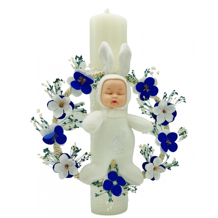 Lumanare decorativa pentru botez, Eventissimi, Soap & Dried Floral 30, 30 cm, parafina, flori de cires din sapun si mix plante naturale uscate cu iepuras somnoros