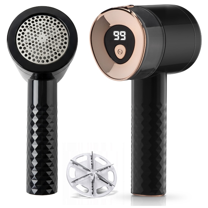 Професионална машинка за почистване на мъх 3W, презареждаща се USB-C, 6 остриета от неръждаема стомана, LED дисплей с индикатор за батерията, за дрехи и текстил, черна