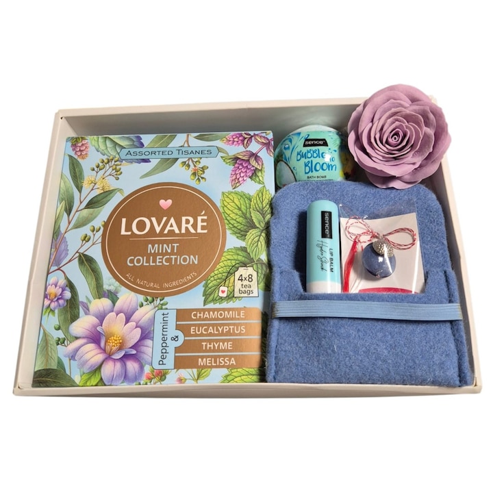 Pachet CautUnCadou cu Martisor din sticla Murano, cutie ceai Lovare, etui carti vizita, balsam buze, bomba baie, trandafir sapun in cutie cadou 25*16*6cm - Albastru