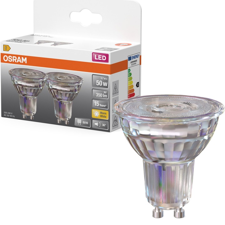 Set 2 becuri LED OSRAM Base PAR16 50, GU10, 4.3 W (50W), 350 lm, lumina calda (2700K), clasa energetica E