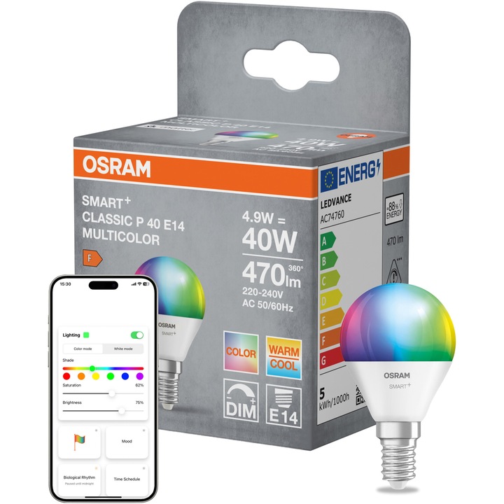Bec LED RGBW inteligent OSRAM Smart+ Matter, P40, E14, 4.9 W (40 W), 470 lm, dimabil, lumina alba si colorata, compatibil cu aplicatia SMART+, Matter Amazon Alexa, Apple Home, Google Home, clasa energetica F