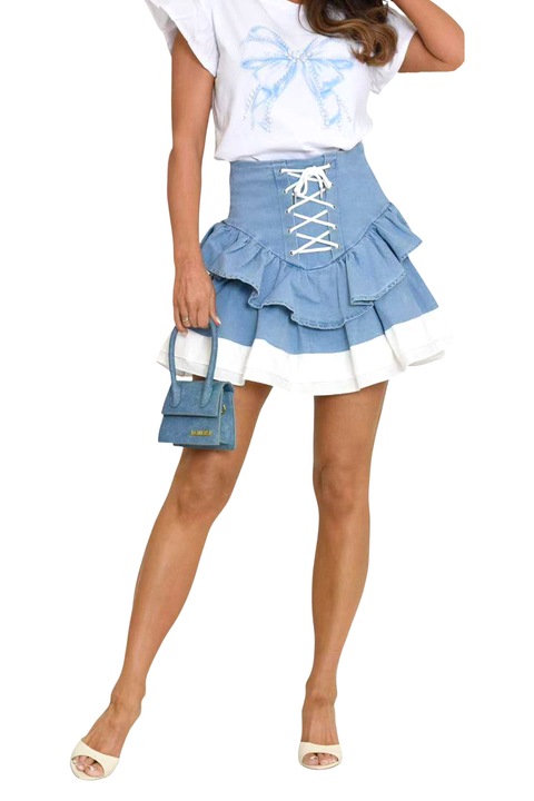 Fusta scurta denim CIELO, cu snururi si volane, Alb/Albastru