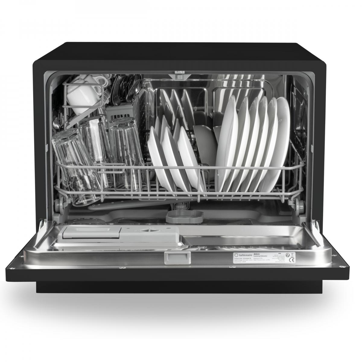 Masina de spalat vase compacta Turbionaire AVA 6 TPDSAVA6CTB, 6 seturi, 6 programe, Clasa D, Mod eco, Indicator umplere sare, Indicator umplere agent de clatire, Dedurizator apa, Spalare eficienta tip 360°, Restart, 55 cm, Negru mat
