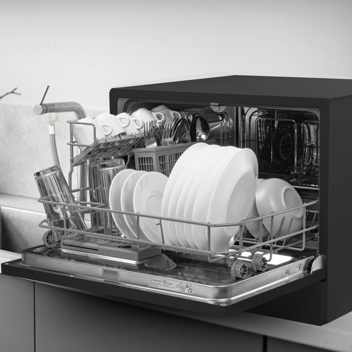 Masina de spalat vase compacta Turbionaire AVA 6 TPDSAVA6CTB, 6 seturi, 6 programe, Clasa D, Mod eco, Indicator umplere sare, Indicator umplere agent de clatire, Dedurizator apa, Spalare eficienta tip 360°, Restart, 55 cm, Negru mat