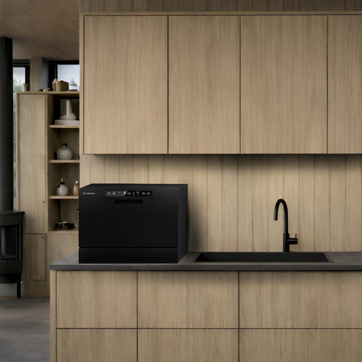 Masina de spalat vase compacta Turbionaire AVA 6 TPDSAVA6CTB, 6 seturi, 6 programe, Clasa D, Mod eco, Indicator umplere sare, Indicator umplere agent de clatire, Dedurizator apa, Spalare eficienta tip 360°, Restart, 55 cm, Negru mat