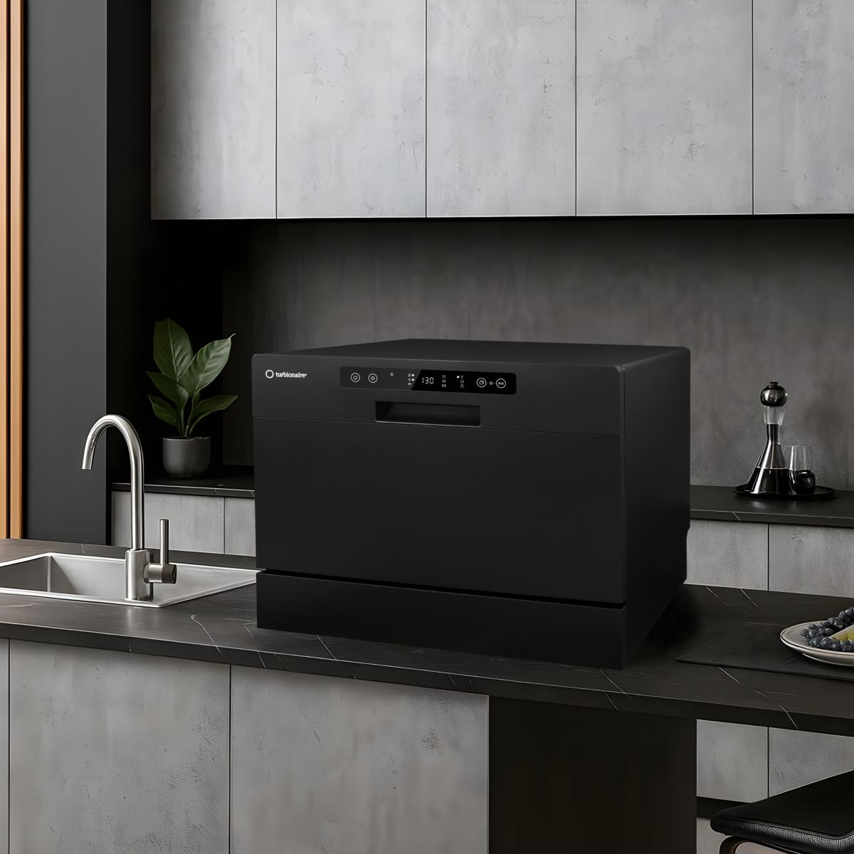 Masina de spalat vase compacta Turbionaire AVA 6 TPDSAVA6CTB, 6 seturi, 6 programe, Clasa D, Mod eco, Indicator umplere sare, Indicator umplere agent de clatire, Dedurizator apa, Spalare eficienta tip 360°, Restart, 55 cm, Negru mat