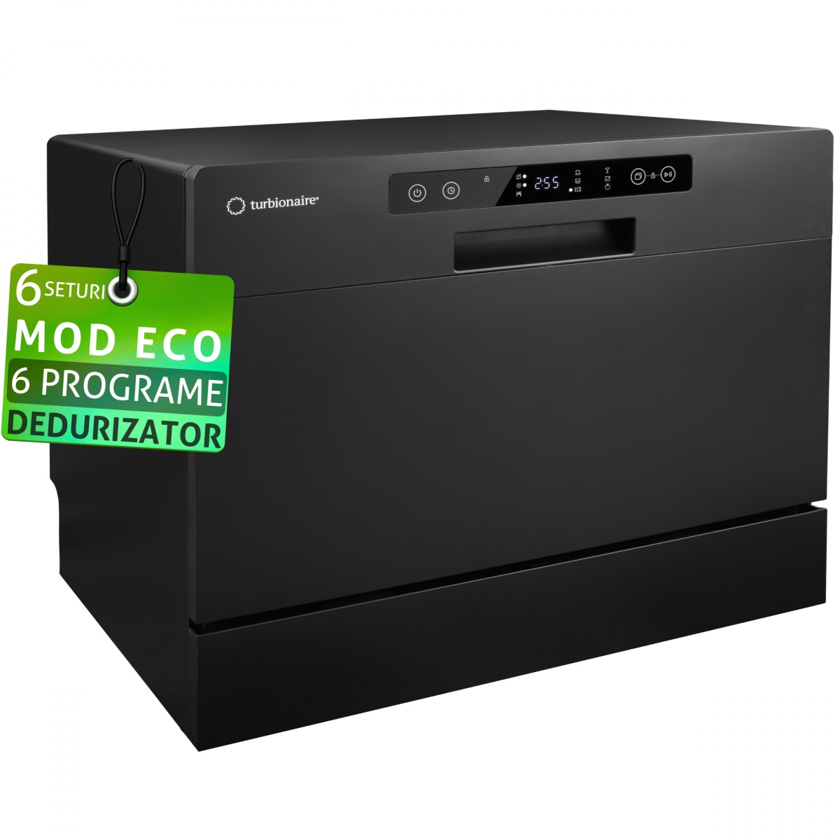 Masina de spalat vase compacta Turbionaire AVA 6 TPDSAVA6CTB, 6 seturi, 6 programe, Clasa D, Mod eco, Indicator umplere sare, Indicator umplere agent de clatire, Dedurizator apa, Spalare eficienta tip 360°, Restart, 55 cm, Negru mat