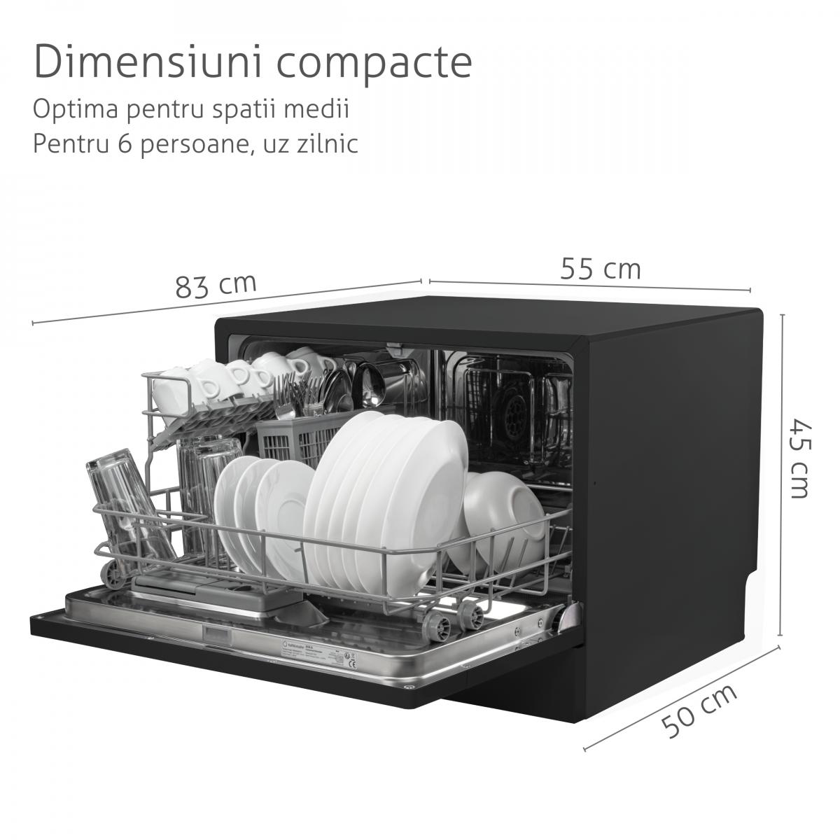 Masina de spalat vase compacta Turbionaire AVA 6 TPDSAVA6CTB, 6 seturi, 6 programe, Clasa D, Mod eco, Indicator umplere sare, Indicator umplere agent de clatire, Dedurizator apa, Spalare eficienta tip 360°, Restart, 55 cm, Negru mat