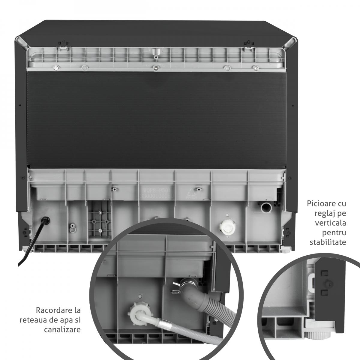 Masina de spalat vase compacta Turbionaire AVA 6 TPDSAVA6CTB, 6 seturi, 6 programe, Clasa D, Mod eco, Indicator umplere sare, Indicator umplere agent de clatire, Dedurizator apa, Spalare eficienta tip 360°, Restart, 55 cm, Negru mat