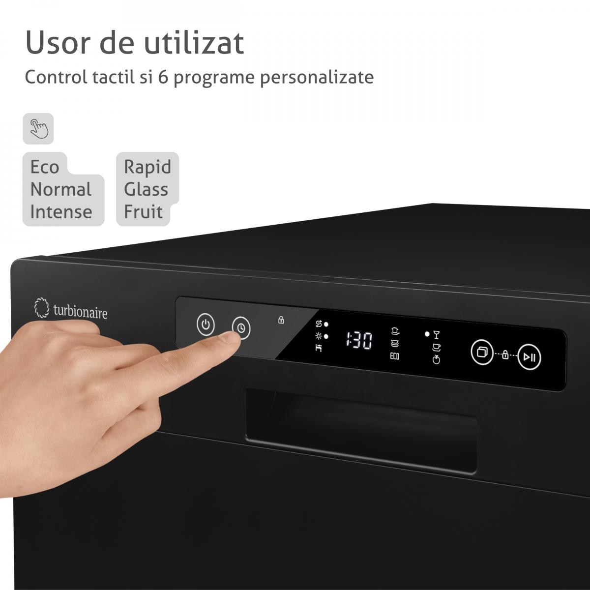 Masina de spalat vase compacta Turbionaire AVA 6 TPDSAVA6CTB, 6 seturi, 6 programe, Clasa D, Mod eco, Indicator umplere sare, Indicator umplere agent de clatire, Dedurizator apa, Spalare eficienta tip 360°, Restart, 55 cm, Negru mat