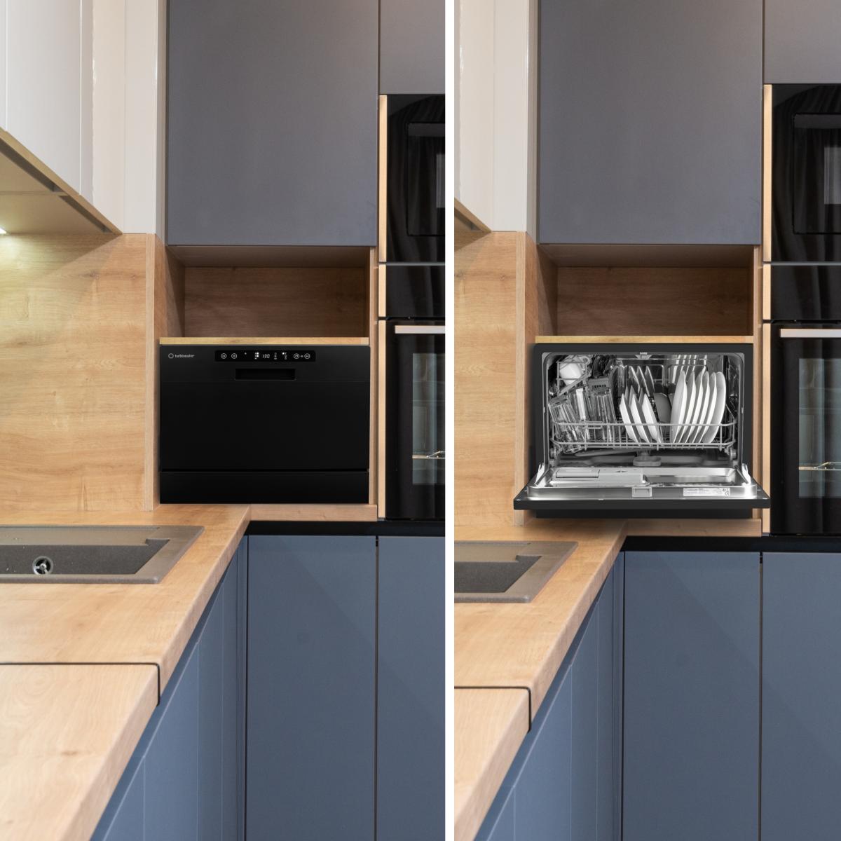 Masina de spalat vase compacta Turbionaire AVA 6 TPDSAVA6CTB, 6 seturi, 6 programe, Clasa D, Mod eco, Indicator umplere sare, Indicator umplere agent de clatire, Dedurizator apa, Spalare eficienta tip 360°, Restart, 55 cm, Negru mat