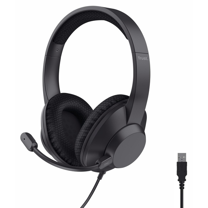 Casti USB Trust Ayda Max, Over-Ear, microfon cu anulare a zgomotului, negru, 1.80m