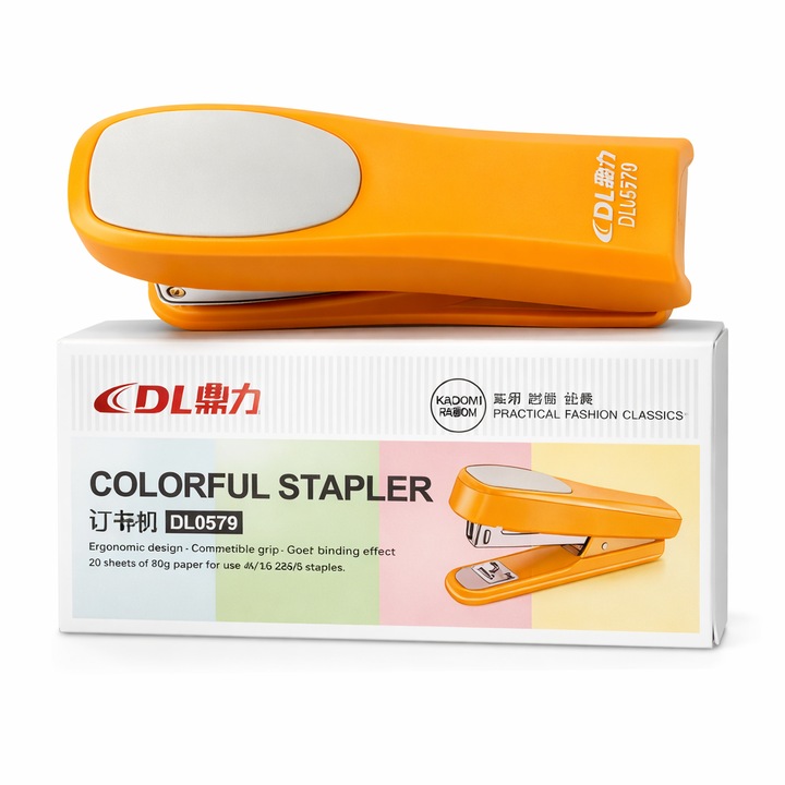 Tűzőgép DL N24 – 20 lap, fém, ergonomikus, irodai, iskolai, csúszásgátló rendszerrel, csökkentett csúszás, narancssárga