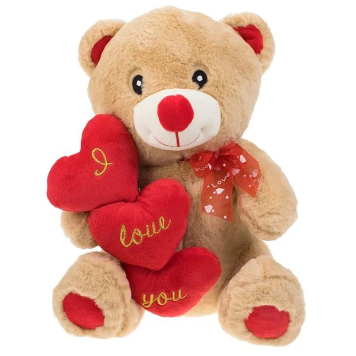Ursulet de Plus cu 3 Inimi Rosii, 40cm
