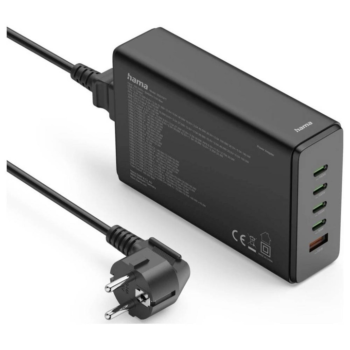 Станция за зареждане Hama 201977 GaN технология 4xUSB-C 1xUSB-A PD 240W Черна