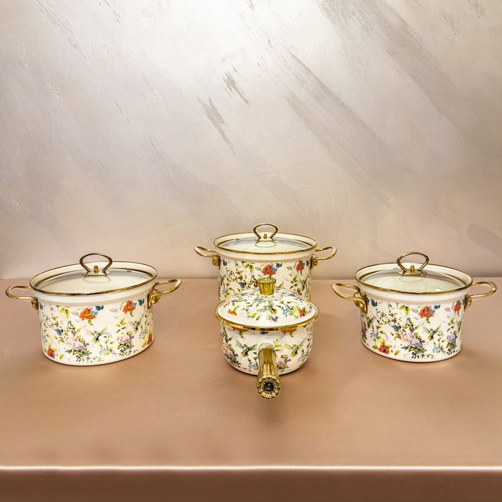 Set oale emailate 5 piese cu capace, vase gatit otel emailat, model floral, set cratite bucatarie