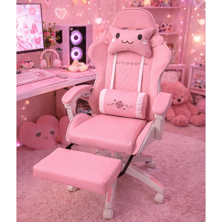 Scaun Gaming pentru Fete Roz Premium, Ergonomic, cu Suport Extensibil pentru Picioare, Spatar Rabatabil, 2 Perne Reglabile, Functie de Balans, pana la 100 kg