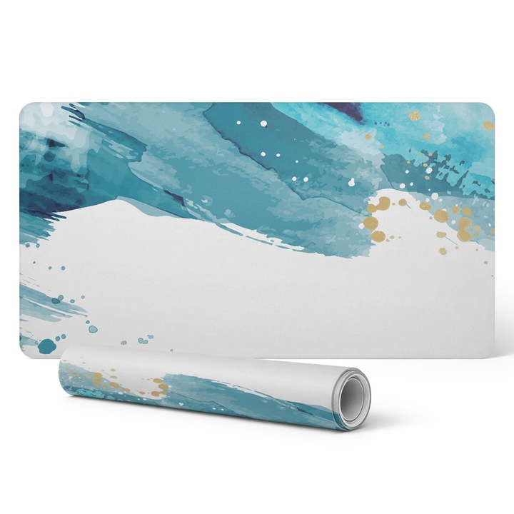 Mousepad Tulup, model abstract, 90x45cm, rezistent la decolorare, alb/albastru