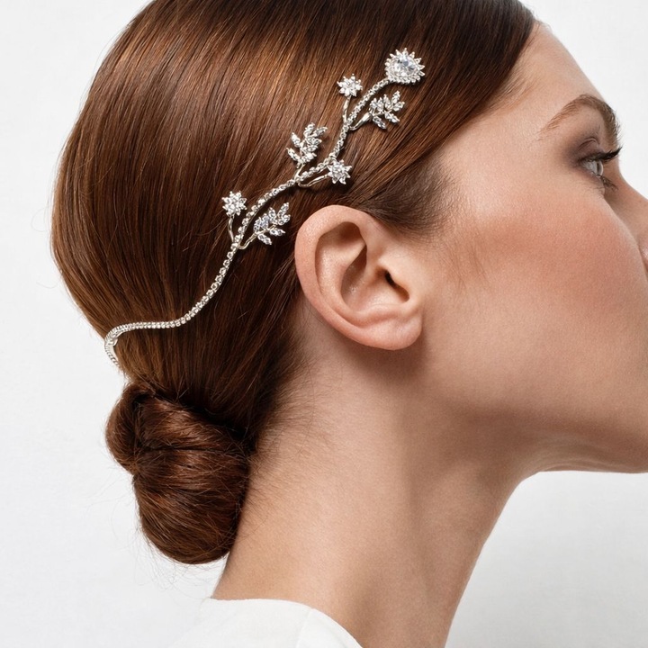 Accesoriu păr Josephine, pieptan bridal, cristale florale, argintiu