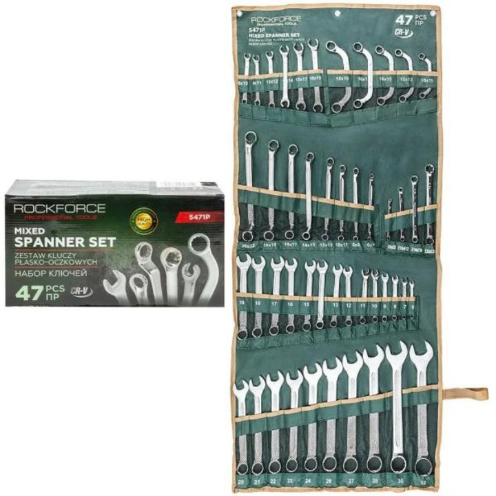 Rockforce 47 részes kombináltkulcs készlet, 6-32 mm, CrV, 1270x550 mm-es táblán