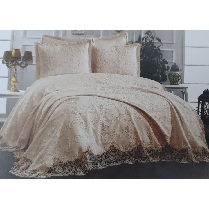 Set de cuvertura pentru pat dublu 240x250 cm Valentini Bianca + 2 Fete Perna 60x80 cm, model Jacquard elegant, Crem, Velur Inci Bej