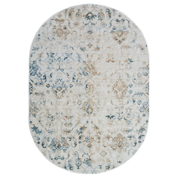 Covor modern, 140 x 200 cm, Antiderapant, Bej, Poliester, Usor De Curatat, Lavabil, Living, Camera De Zi, Dormitor, Oval, Compatibil Cu Incalzirea Prin Pardoseala