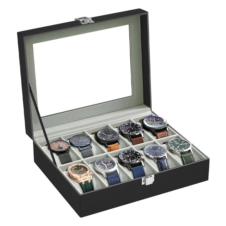 Cutie Depozitare si Organizare Ceasuri, 10 Locuri, Capac din Sticla, Perne Detasabile, 20.2 x 25.5 x 7.8 cm, Negru